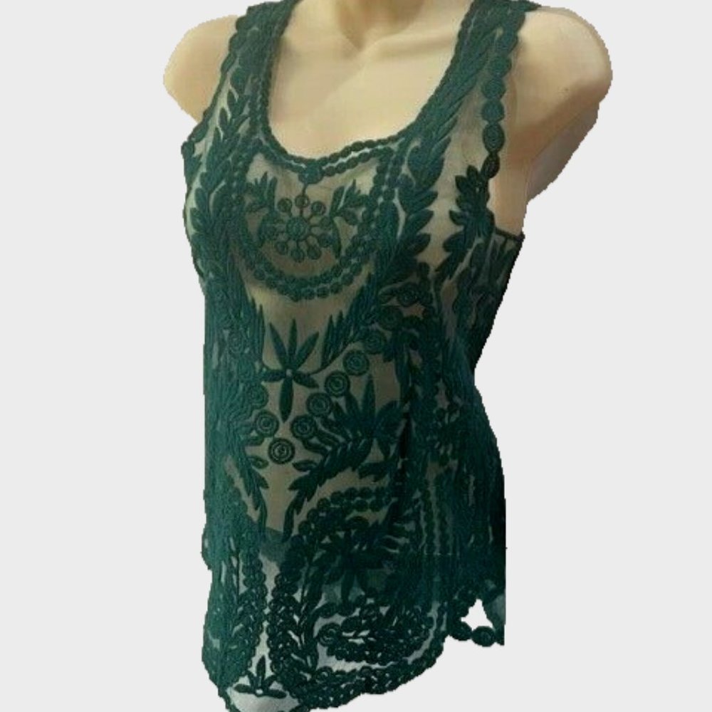 Pins & Needles Teal Green floral lace shell top blouse SMALL/MED